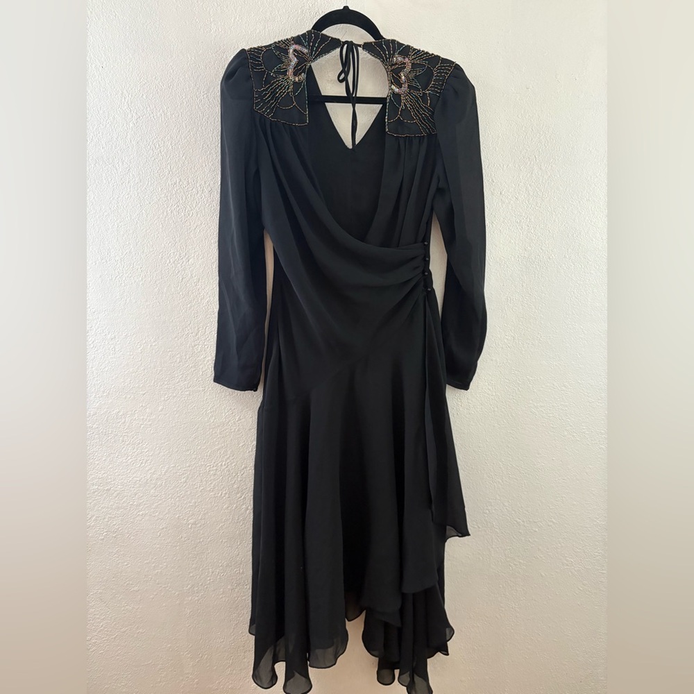 Lizzy & Johnny black Swing Ruched Beaded Wrap asymmetrical vintage Dress size 10